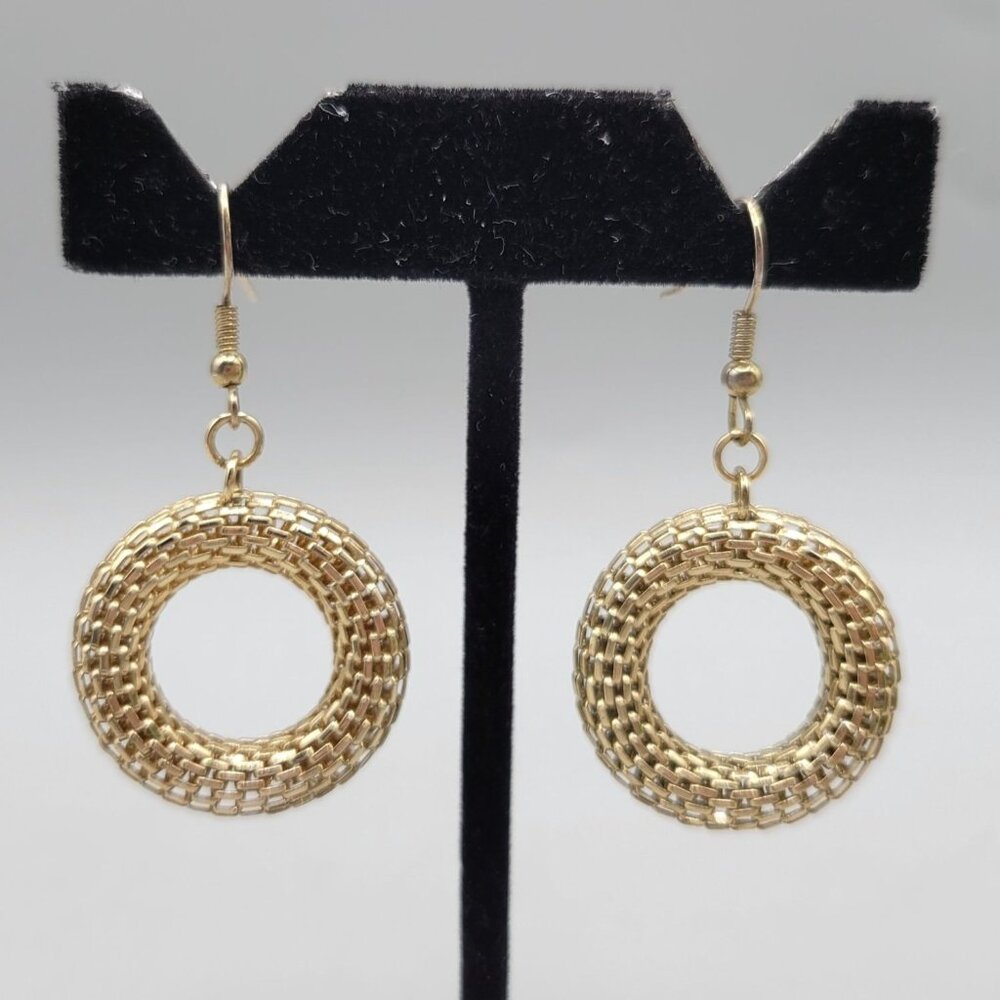 Mesh Woven Circle Dangle Earrings Gold Tone Fishhook Closures